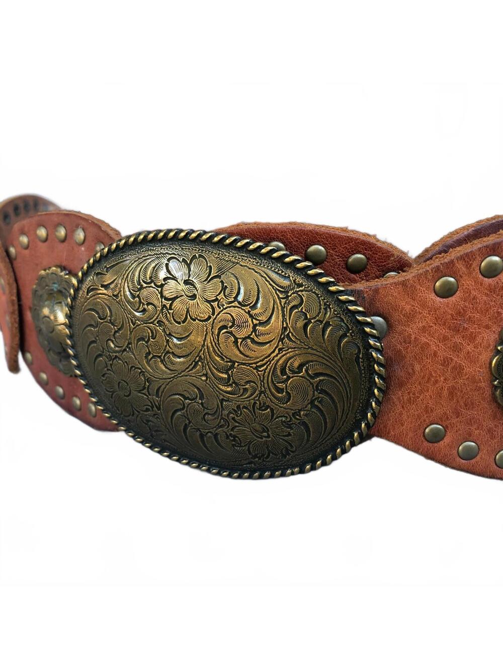 Vintage Fossil Brown Leather Concho Belt Western Cowgirl Boho Chic Southwestern - Picture 2 of 8